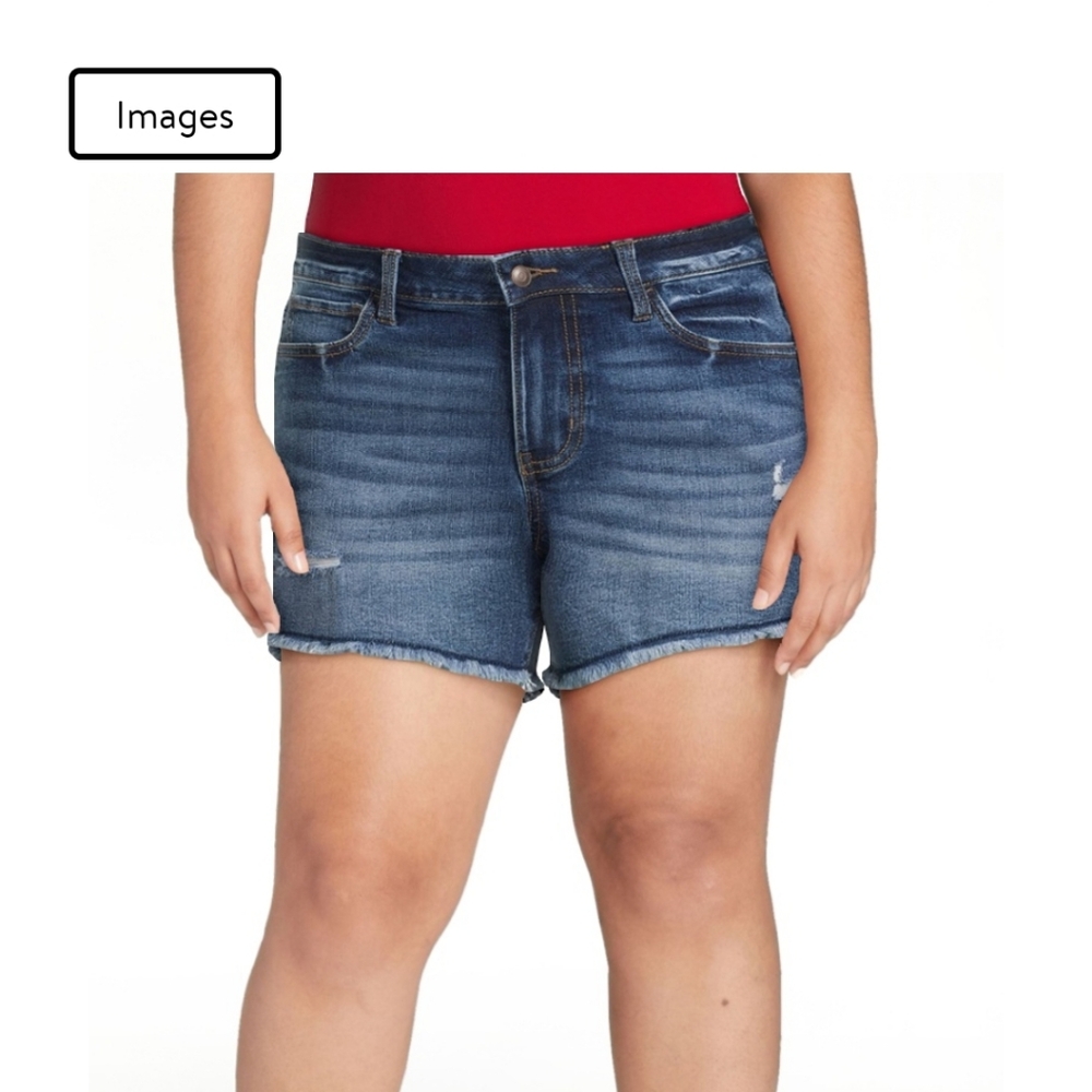 No Boundaries Mid Rise Fray Midi Denim Shorts - Dark Wash
